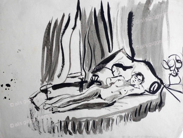 Liegender weiblicher Akt auf Bett