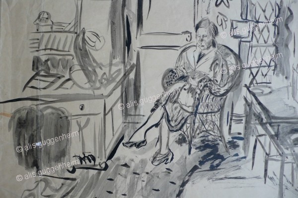 Frau in Korbstuhl sitzend in Interieur