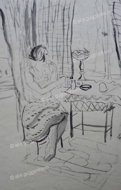 Frau an Tisch sitzend