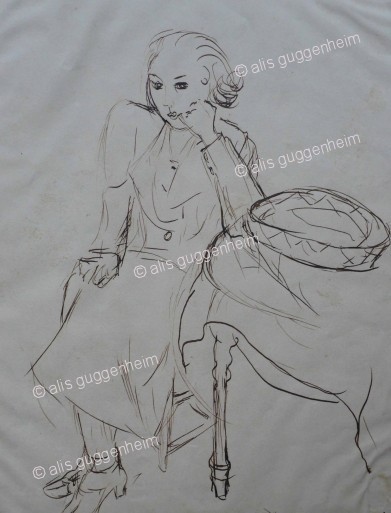 Frau neben Tisch sitzend