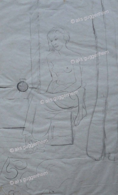 Frau sitzend mit nacktem Oberkörper