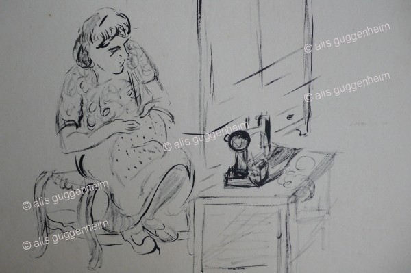 Sitzende nähende weibliche Figur