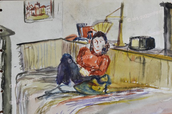 Mädchen auf Bett sitzend