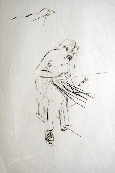 Ruthli am Tisch nähend