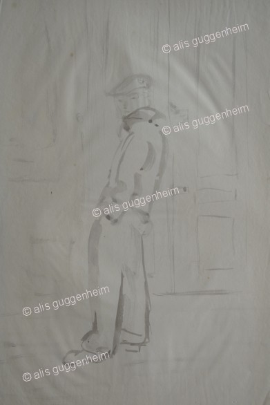 Mann stehend im Profil mit Schirmmütze