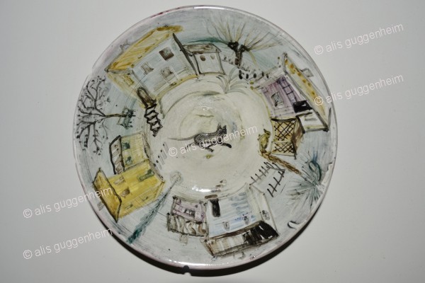 Keramikschale mit Katze und Dorf
