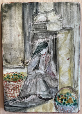 Sitzende Frau mit Körben