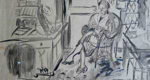 Frau in Korbstuhl sitzend in Interieur